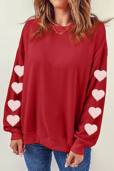 Heart Round Neck Dropped Shoulder Sweatshirt