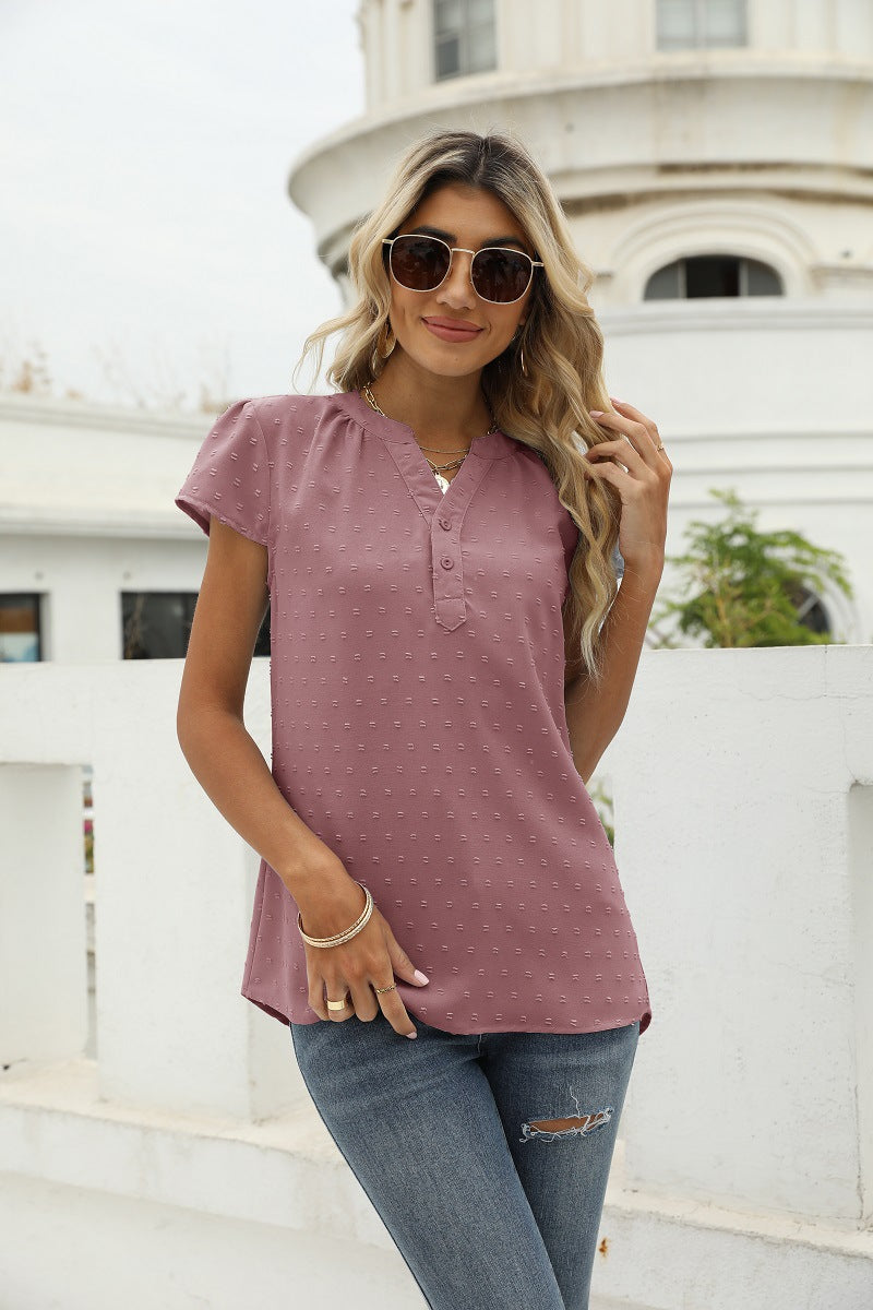 Swiss Dot Notched Neck Short Sleeve Top