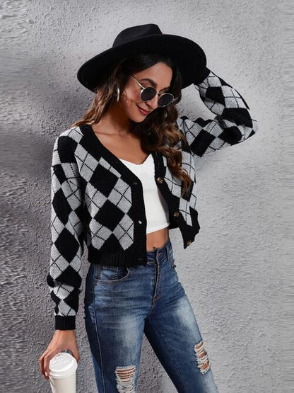 Geometric Button Up Long Sleeve Cardigan