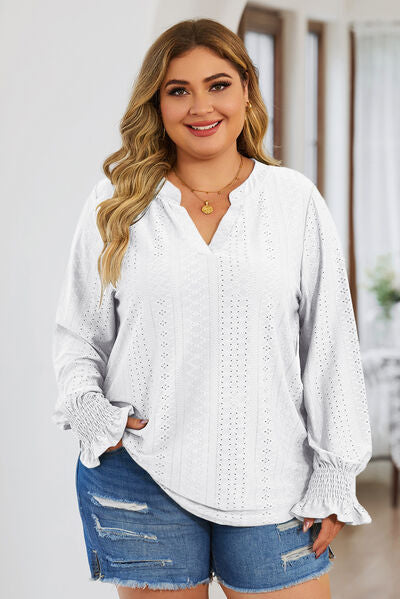 Plus Size Eyelet Notched Flounce Sleeve Blouse