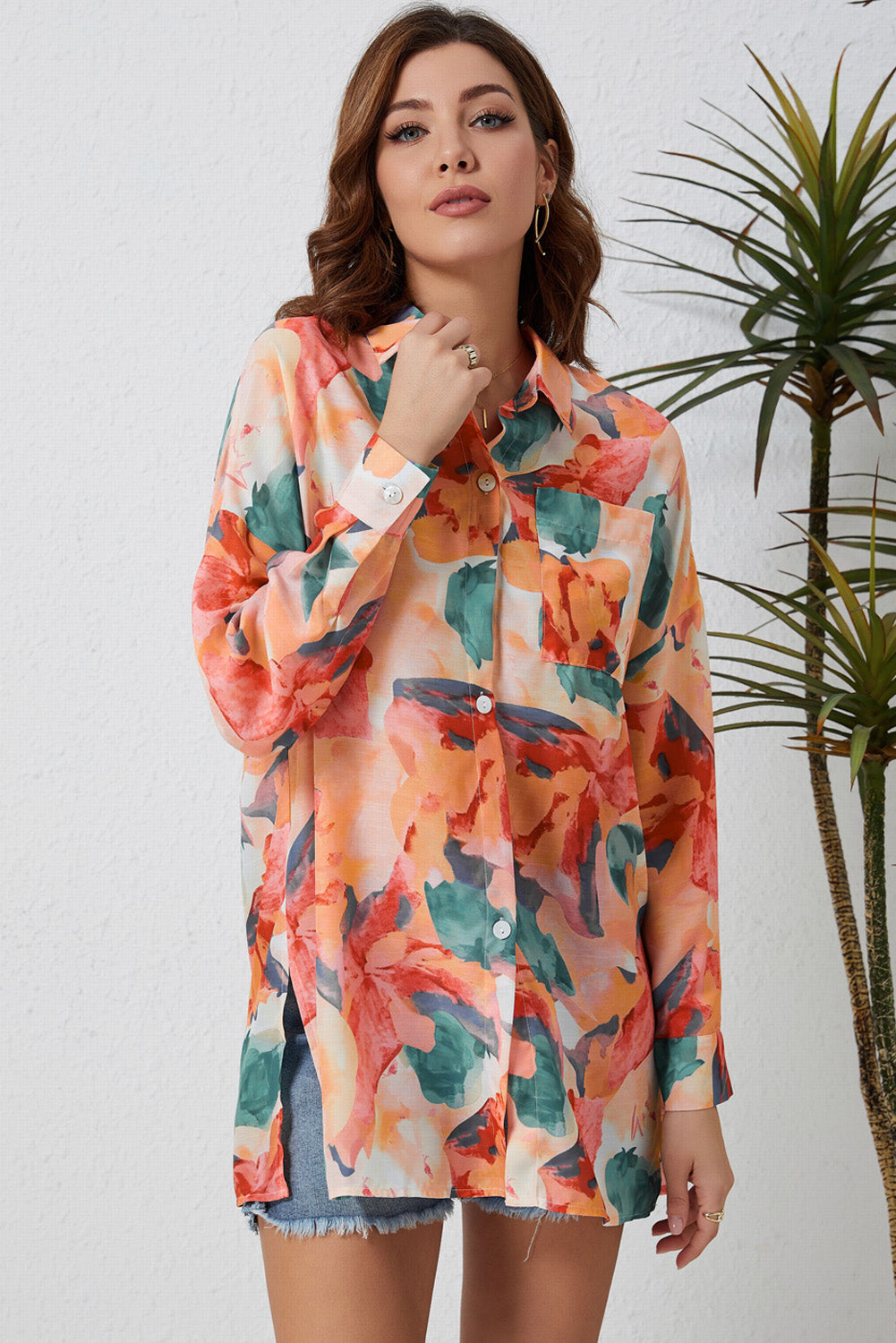 Double Take Floral Long Sleeve Slit Longline Shirt