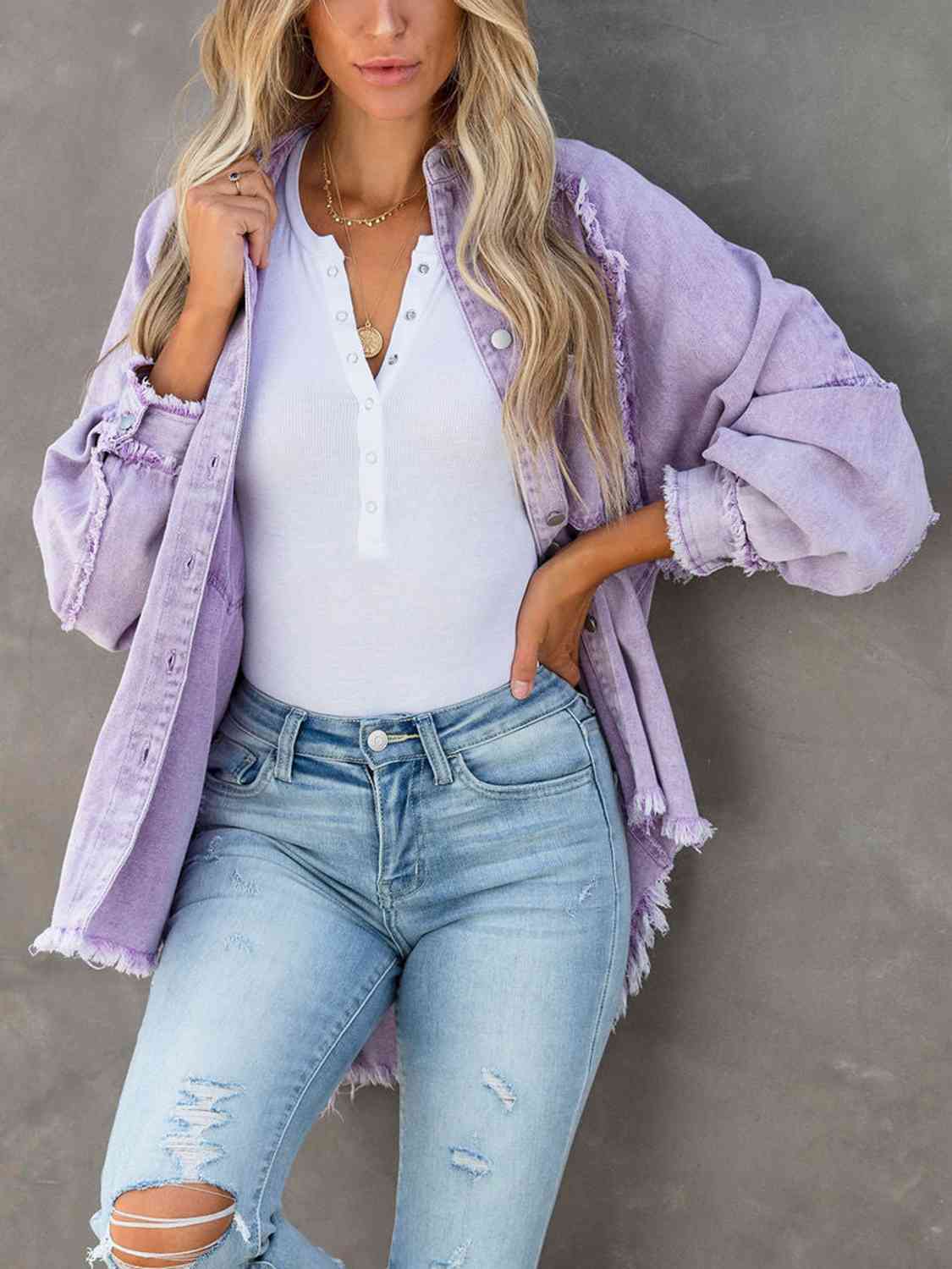 Button Down Raw Hem Denim Jacket