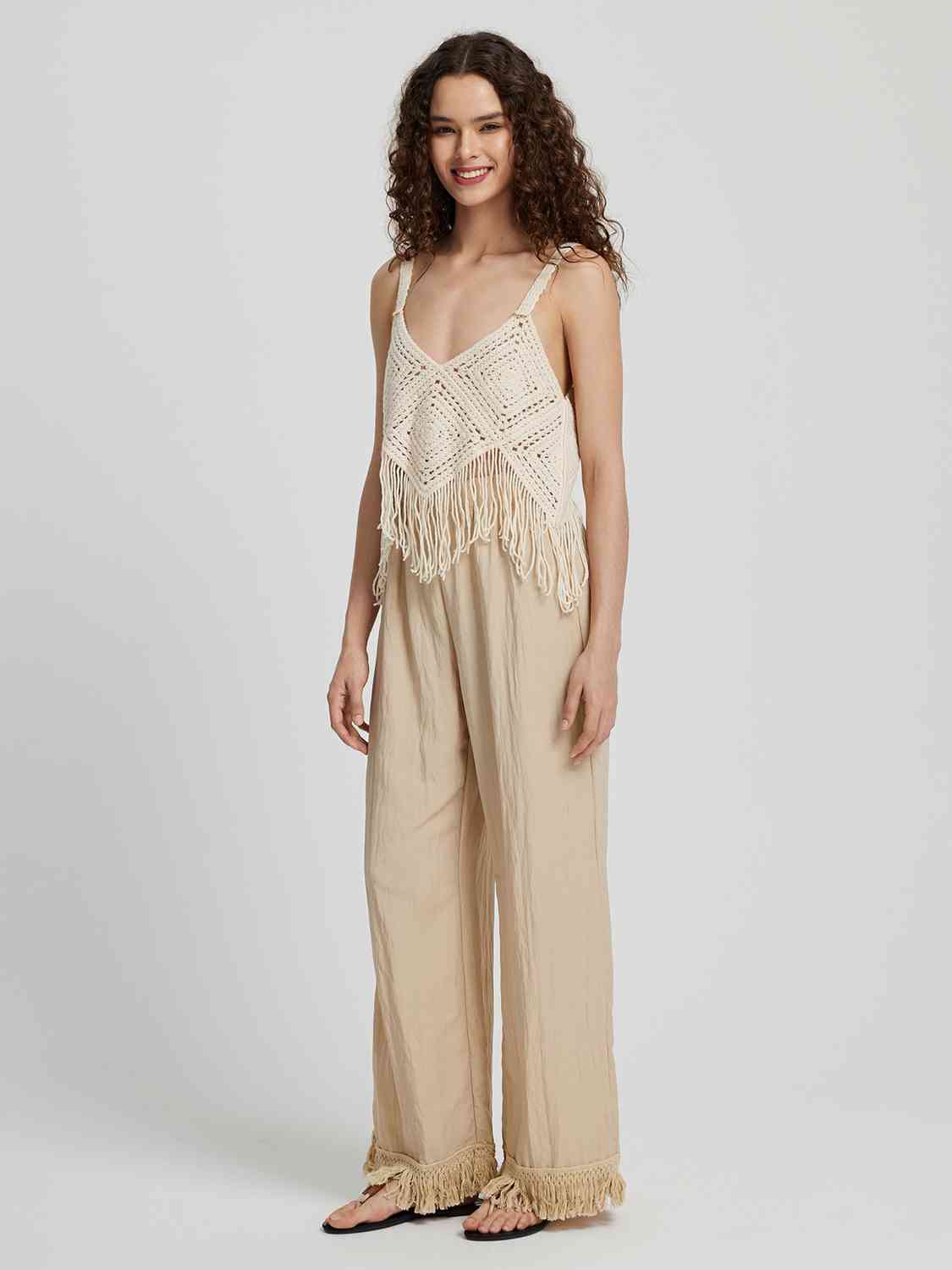 Fringe Hem Wide Leg Long Pants