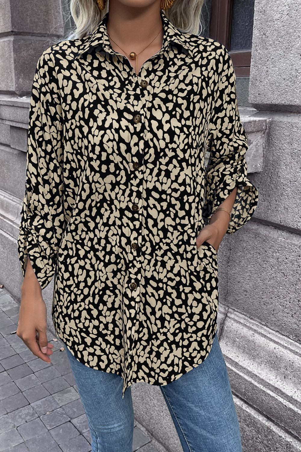 Double Take Leopard Roll-Tap Sleeve Shirt