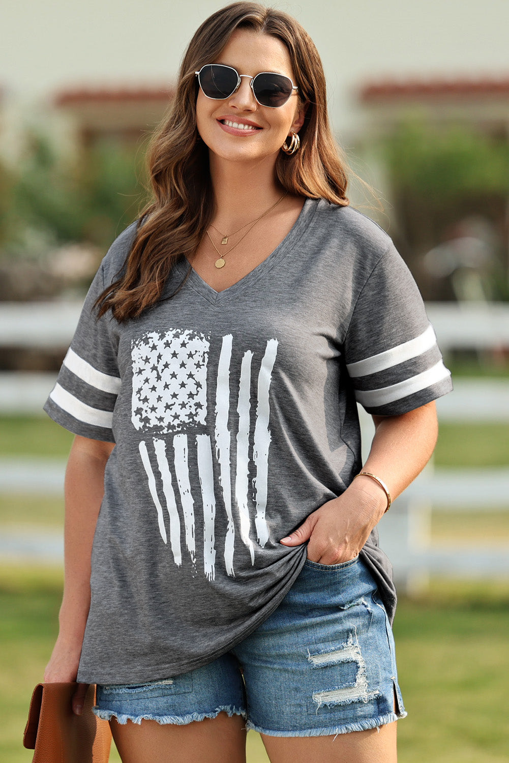 Plus Size US Flag Graphic V-Neck Tee