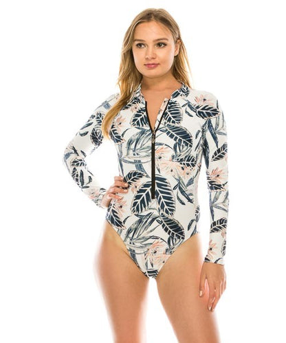 One Piece Long Sleeve Leaf Print Swimsuit