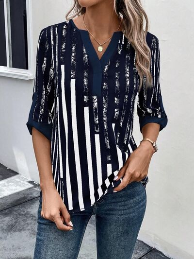 Striped Notched Half Sleeve Blouse