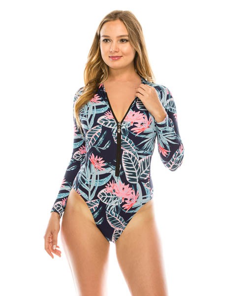 One Piece Long Sleeve Leaf Print Swimsuit