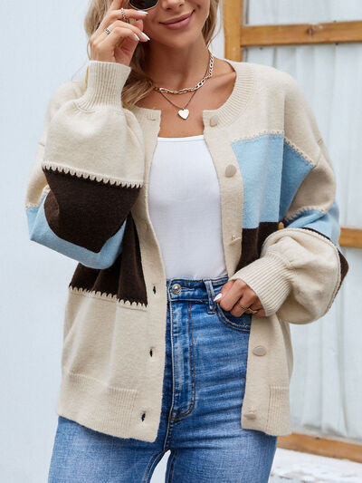 Color Block Button Up Lantern Sleeve Cardigan