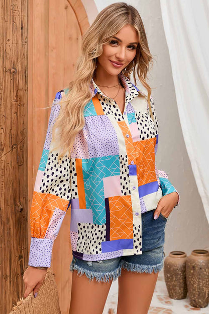 Double Take Patchwork Puff Sleeve Collared Shirt