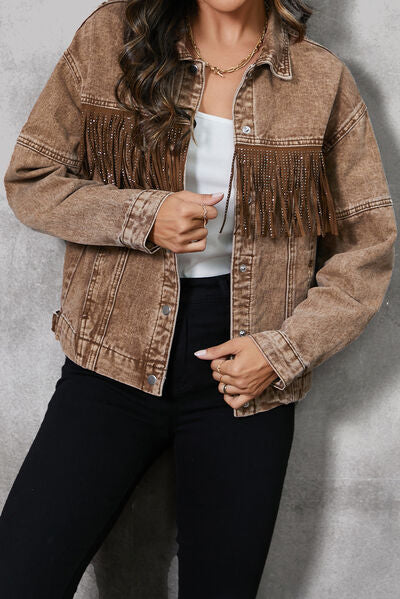 Fringe Trim Snap Down Denim Jacket