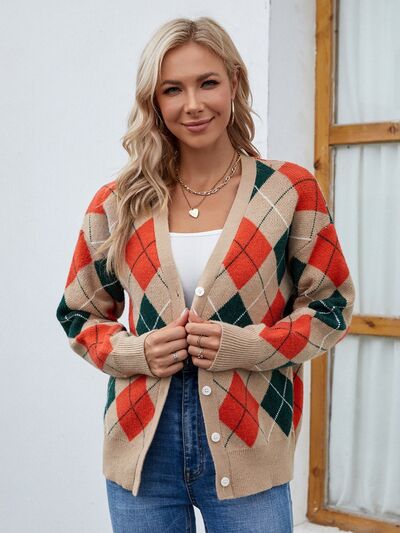 Plaid Contrast Button Up Cardigan