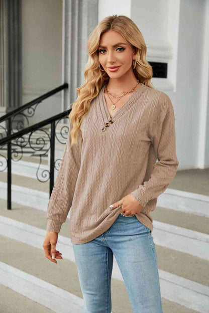 Decorative Button V-Neck Long Sleeve T-Shirt