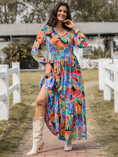 Printed Smocked Tie Neck Balloon Sleeve Maxi Dress