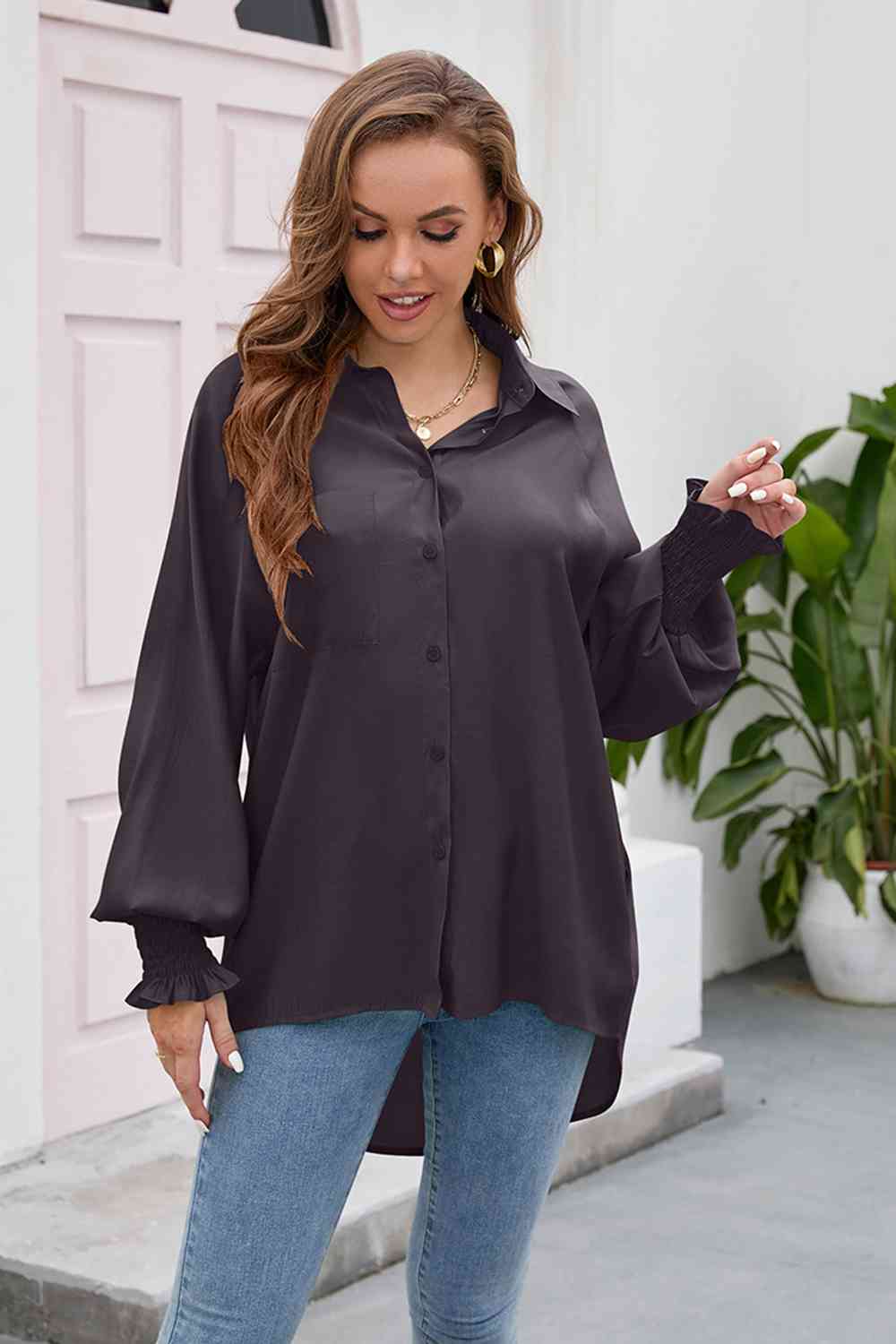 High-Low Collared Neck Lantern Sleeve Shirt