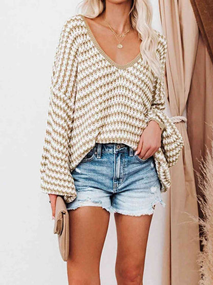 Striped Drop Shoulder V-Neck Pullover Sweater