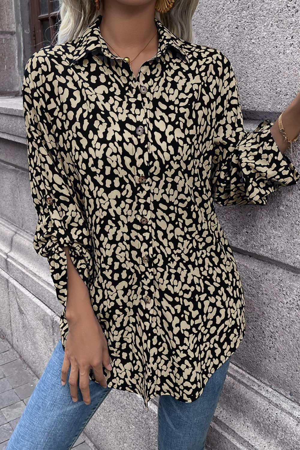 Double Take Leopard Roll-Tap Sleeve Shirt