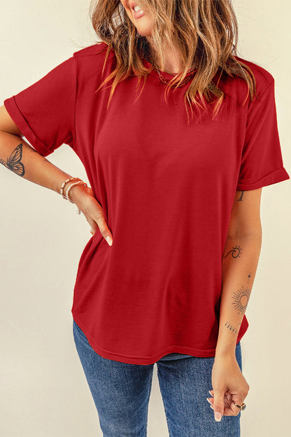 Round Neck Cuffed Short Sleeve Tee