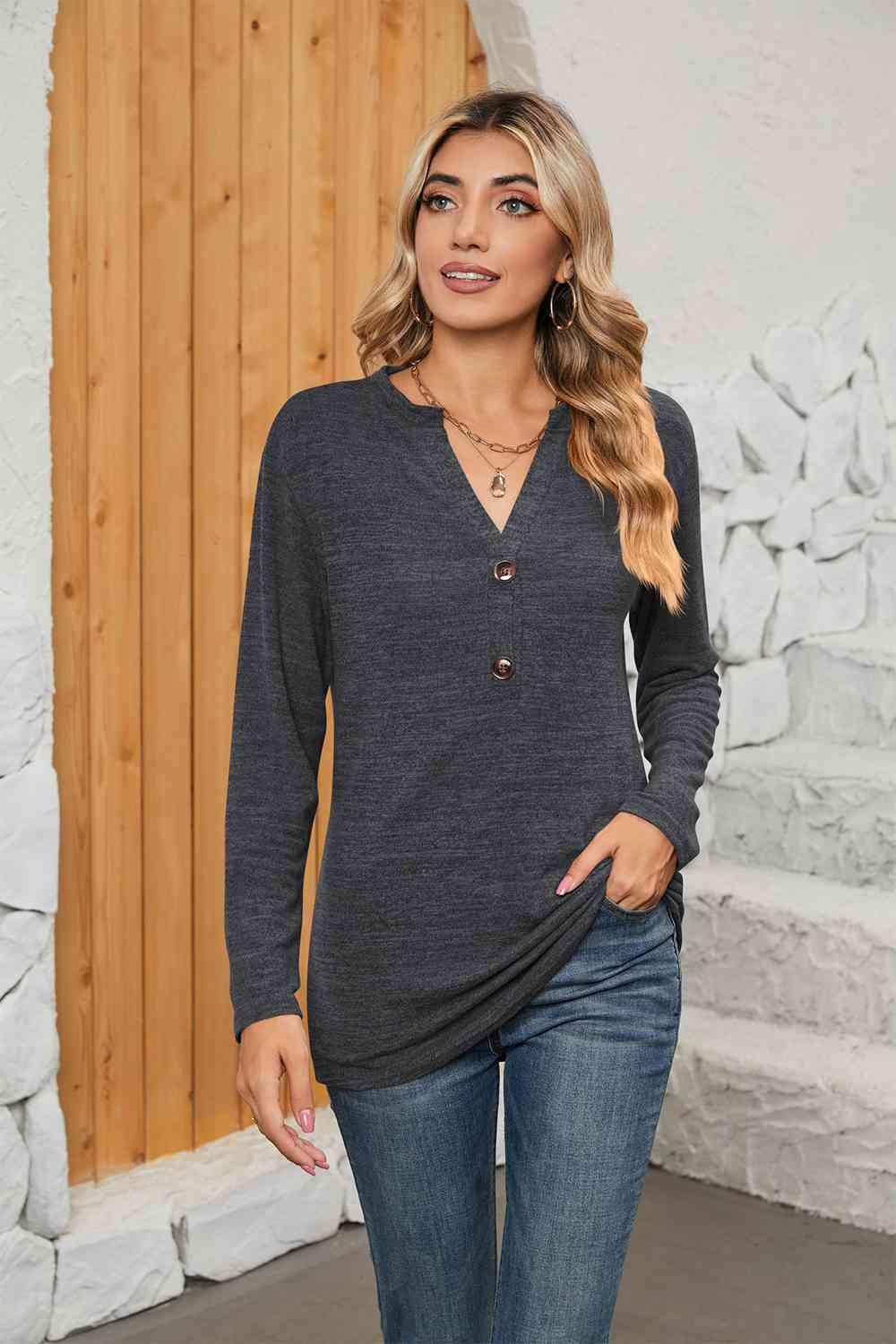 Notched Neck Long Sleeve T-Shirt