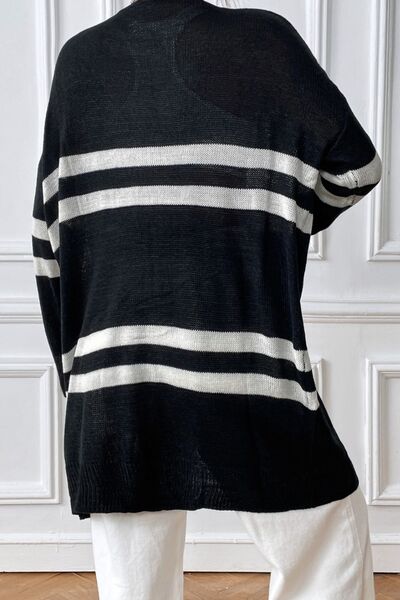 Striped Open Front Dropped Shoulder Cardigan