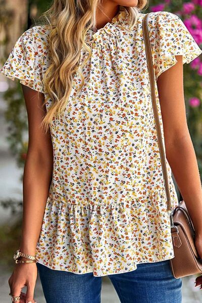 Ditsy Floral Peplum Short Sleeve Blouse