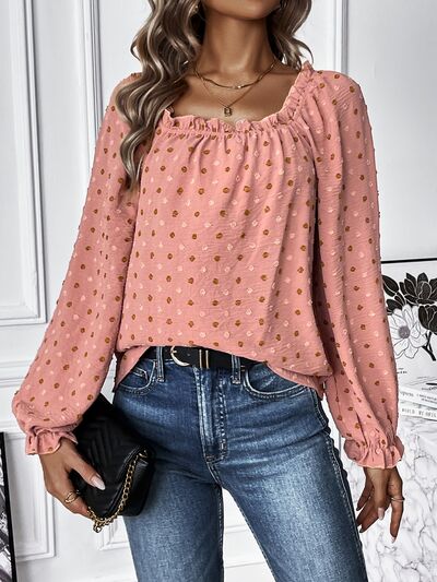 Swiss Dot Square Neck Flounce Sleeve Blouse