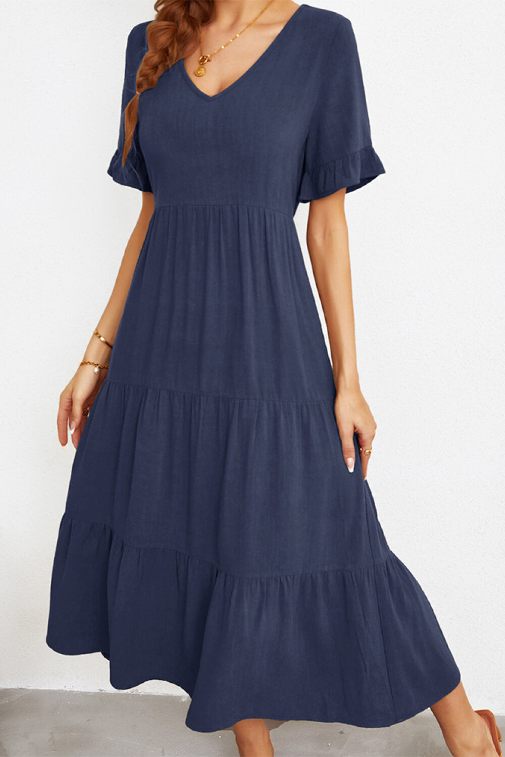 Short Sleeve V-Neck Tiered Dress