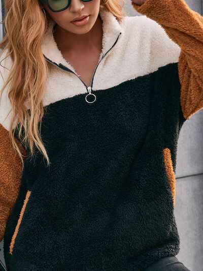 Color Block Quarter Zip Dropped Shoulder Sweatshirt