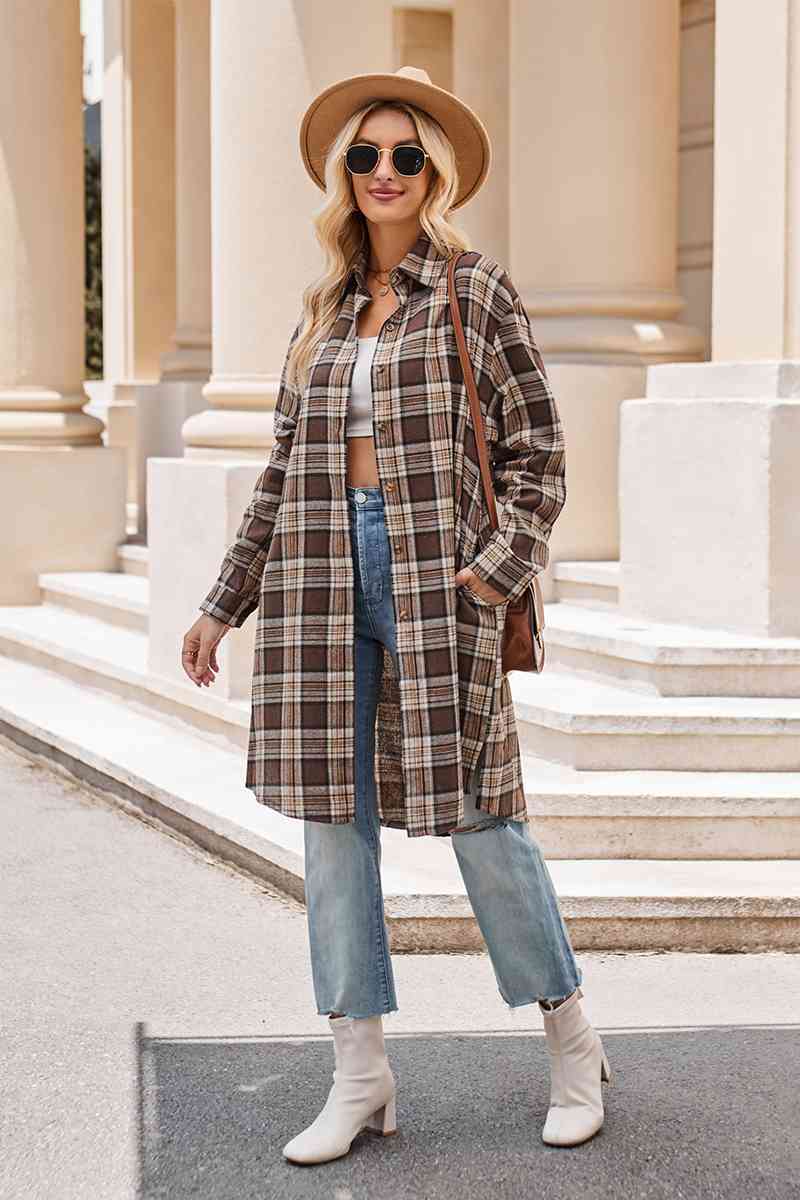 Plaid Collared Neck Long Sleeve Coat