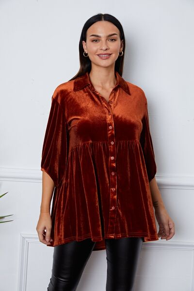 Velvet Tiered Button Up Collared Neck Shirt