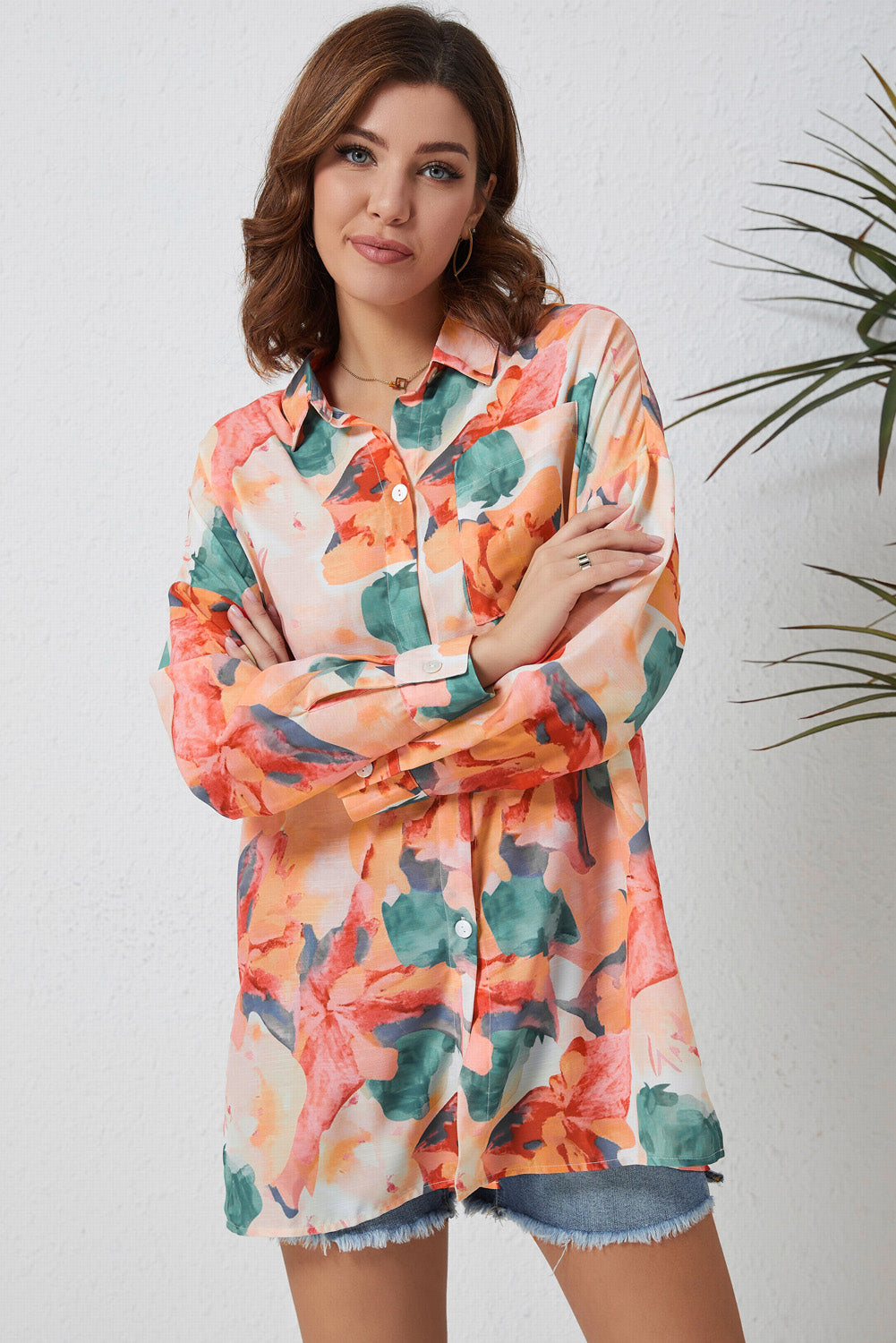 Double Take Floral Long Sleeve Slit Longline Shirt