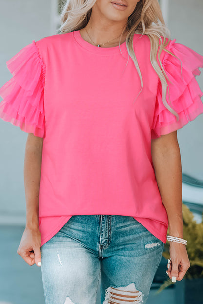 Layered Mesh Sleeve Round Neck Tee