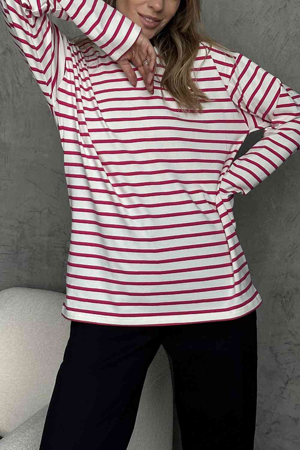 Round Neck Striped Dropped Shoulder T-Shirt