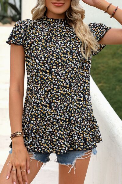 Ditsy Floral Mock Neck Short Sleeve T-Shirt