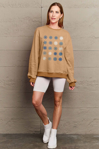 Simply Love Full Size Snowflakes Round Neck Sweatshirt