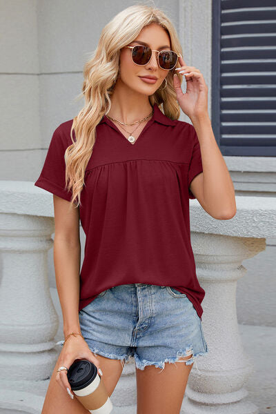 Ruched Johnny Collar Short Sleeve Blouse