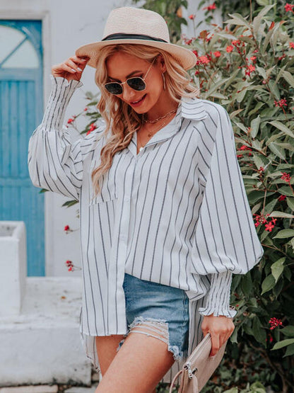 Striped Collared Neck Lantern Sleeve Shirt