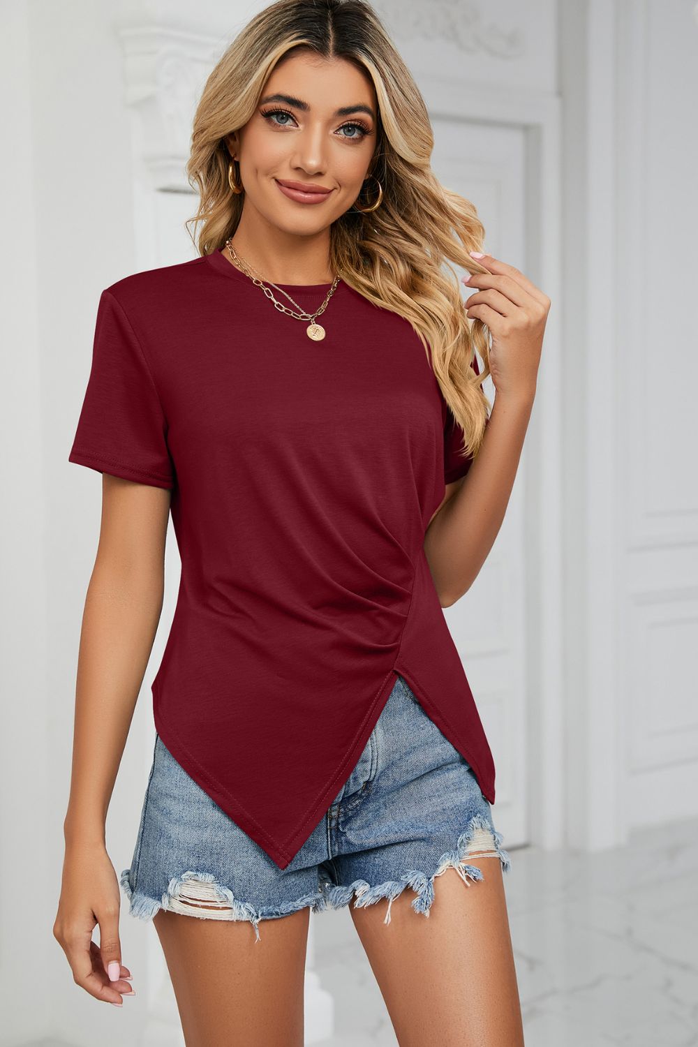 Ruched Hem Detail Crewneck Tee