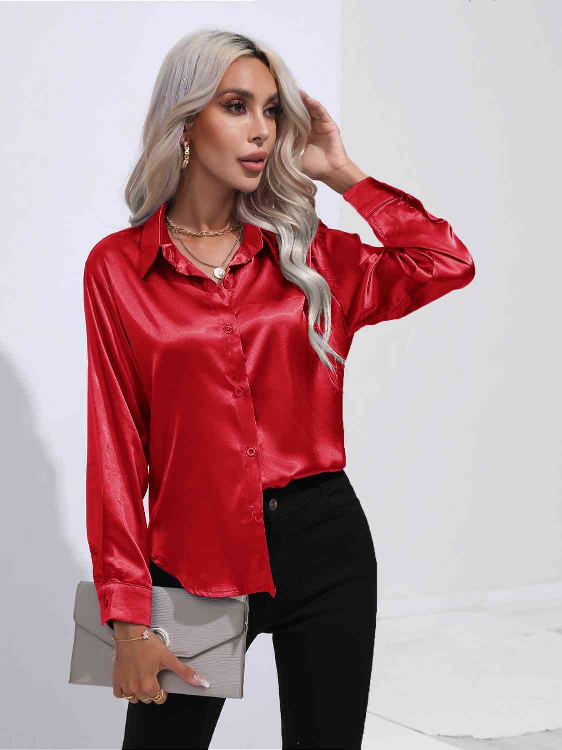 Collared Neck Buttoned Long Sleeve Shirt