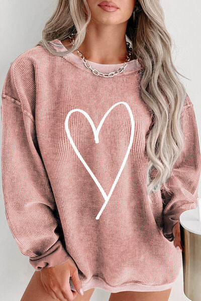 Plus Size Heart Ribbed Round Neck Sweatshirt