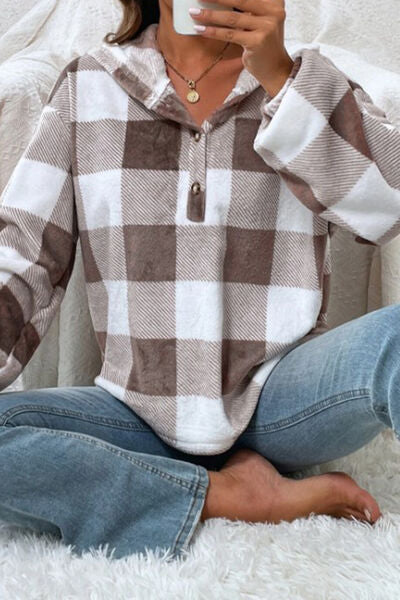 Plaid Quarter Button Dropped Shoulder Hoodie