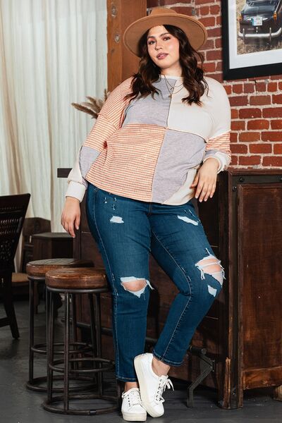 Plus Size Exposed Seam Color Block Round Neck Sweatshirt