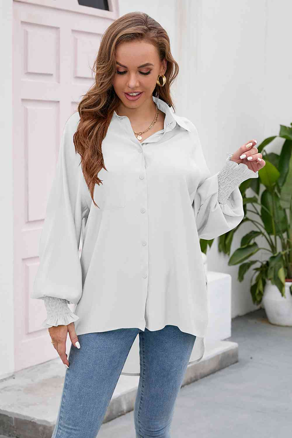 High-Low Collared Neck Lantern Sleeve Shirt