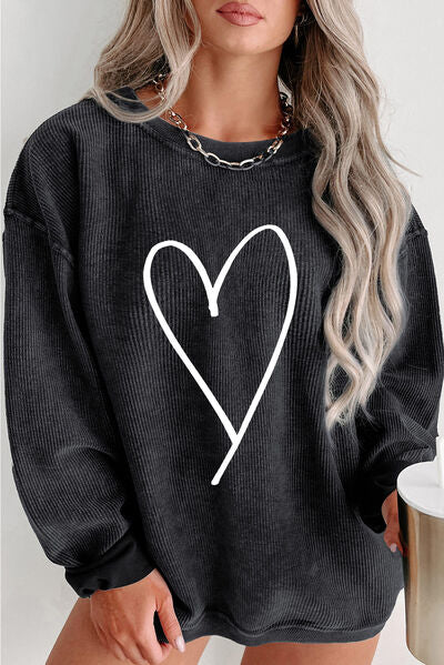 Plus Size Heart Ribbed Round Neck Sweatshirt