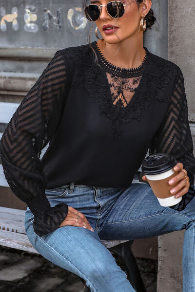 Lace Detail Smocked Flounce Sleeve Blouse