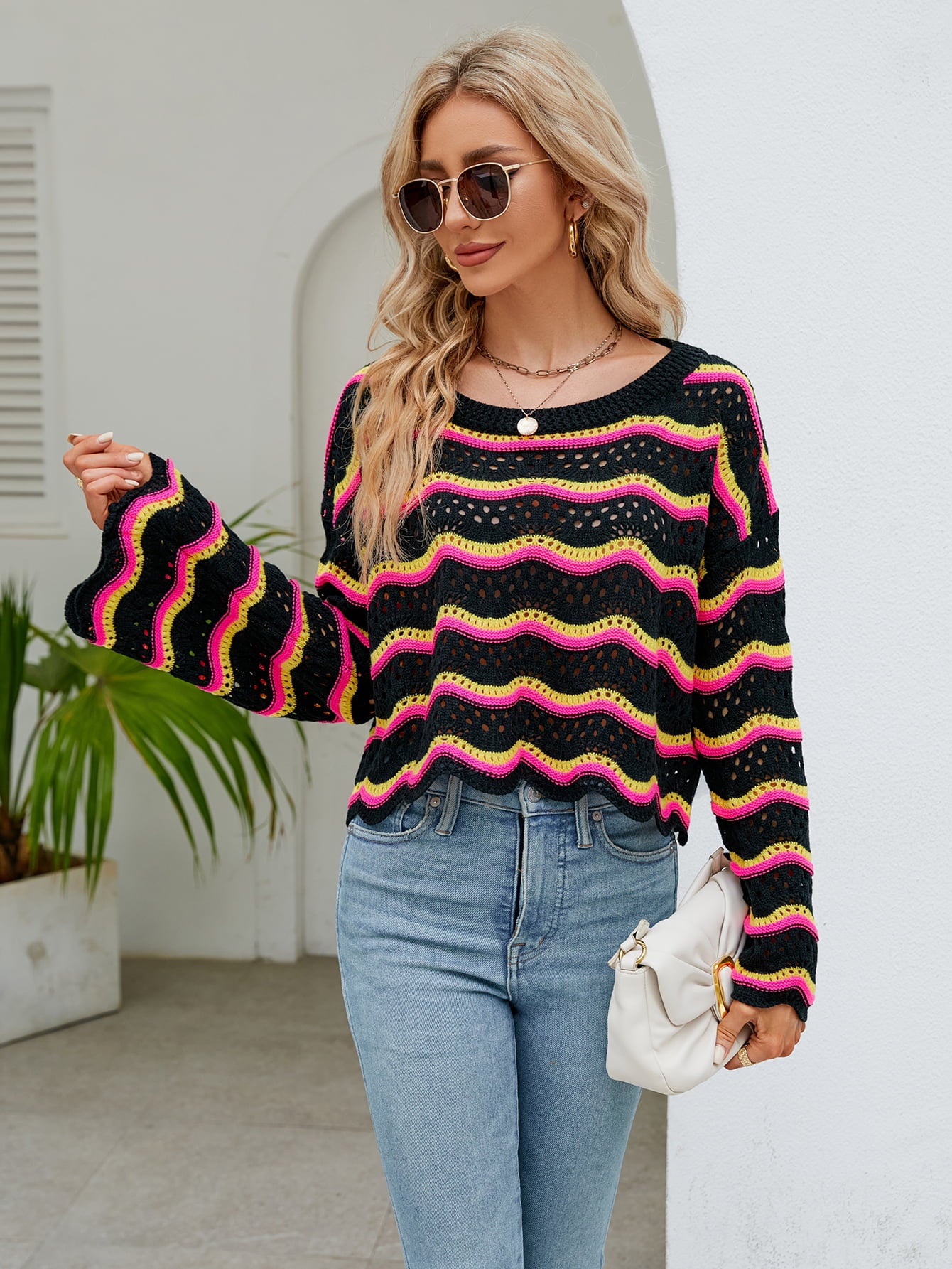 Round Neck Openwork Flare Sleeve Knit Top