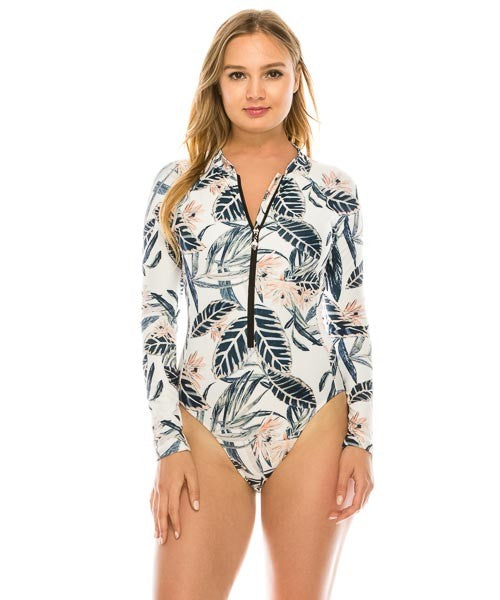 One Piece Long Sleeve Leaf Print Swimsuit