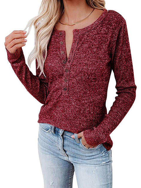 Round Neck Buttoned Long Sleeve T-Shirt