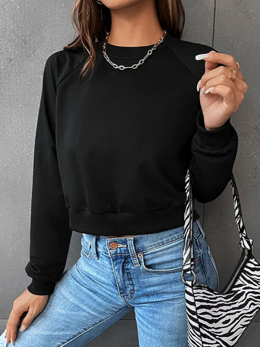 Raglan Sleeve Round Neck Cropped Sweatshirt