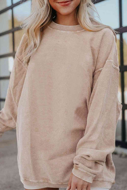 Ribbed Round Neck Drop Shoulder Sweatshirt